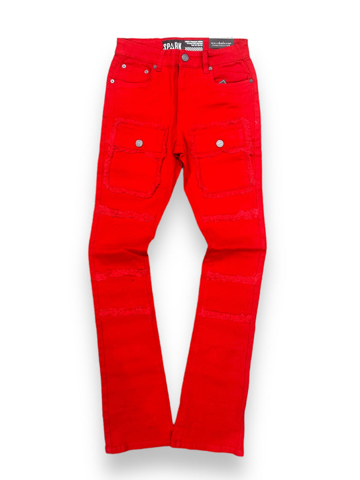 Spark 'TWill' red stack denim jeans with pockets, showcasing a stylish and comfortable casual denim look.