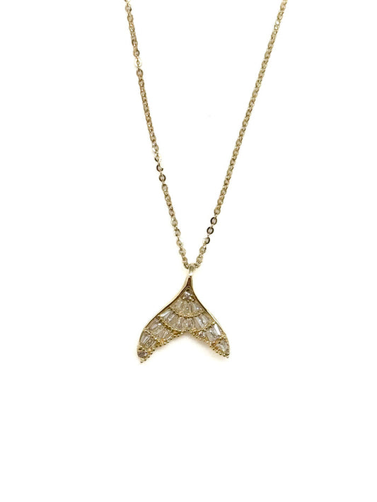 sparkly gold over sterling silver dolphin tail pendant necklace on a fine chain, product photo on white background.