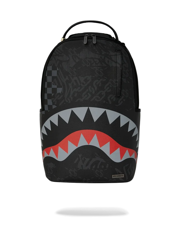Sprayground 4AM Eclipse backpack with bold black and gray design, featuring multiple compartments and adjustable straps.