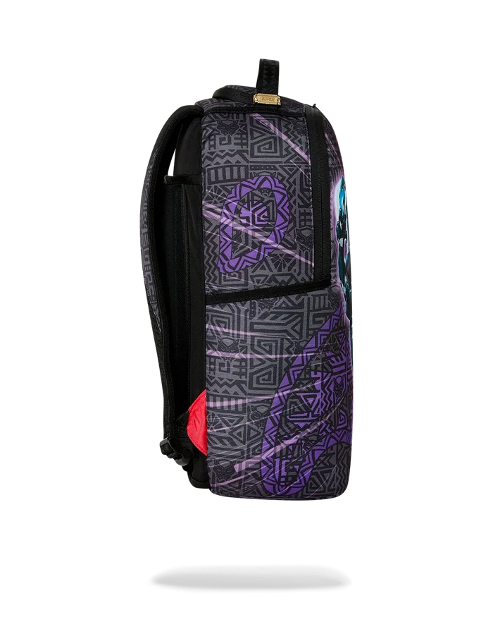 Black Panther themed Sprayground backpack from the Never Back Down collection, featuring bold design and accessory details.