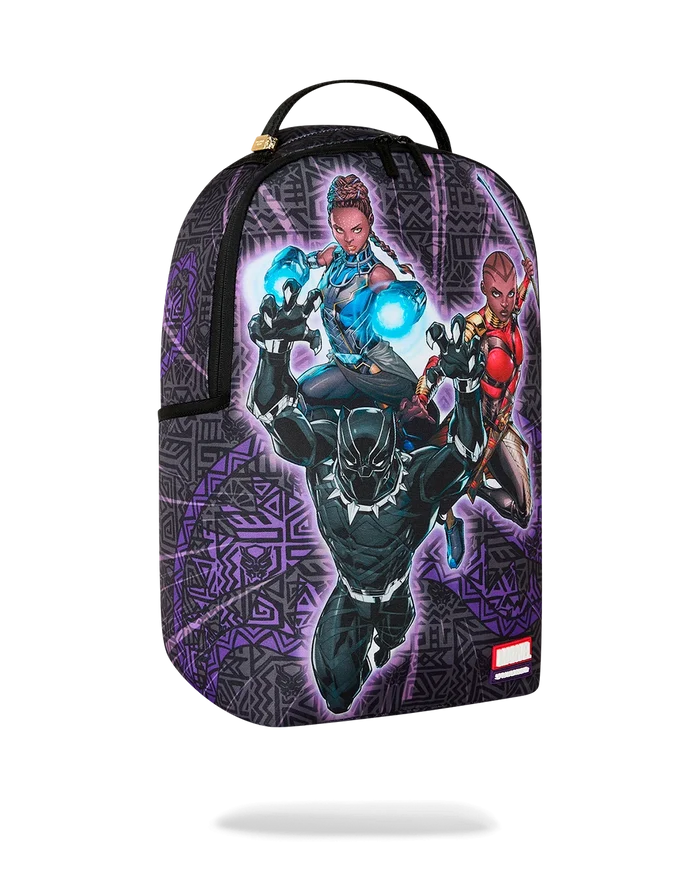 Sprayground Black Panther Collab backpack with bold black and graphic design, featuring official Marvel-themed accessories.
