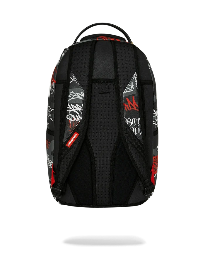 SPRAYGROUND Branded Bandit backpack in black with logo design, featuring adjustable straps and multiple compartments.