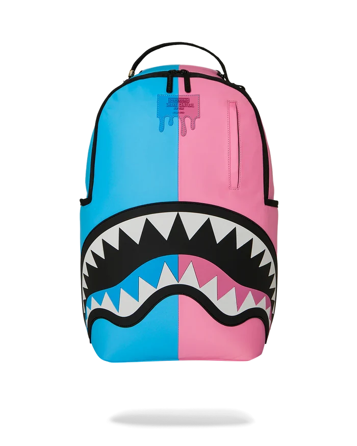 Sprayground Candy Clash Shark Central backpack with colorful shark graphic, durable straps, and spacious main compartment.