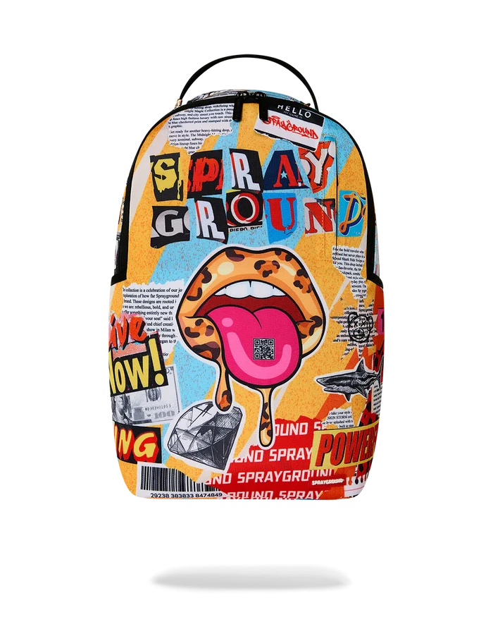 Sprayground 'Collage Of Fun' backpack featuring colorful, playful design, shown on a model in Sacramento, California.