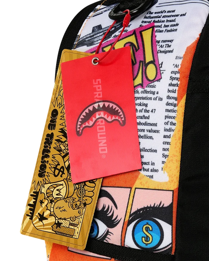 Sprayground Collage Of Fun backpack, colorful accessories bag with vibrant graphic design, casual style, on display in California.