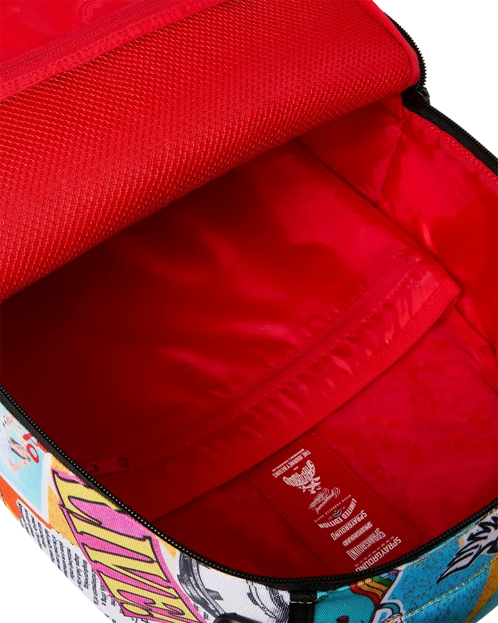 Sprayground Collage Of Fun backpack featuring colorful, playful design with multiple cartoon images and adjustable straps.