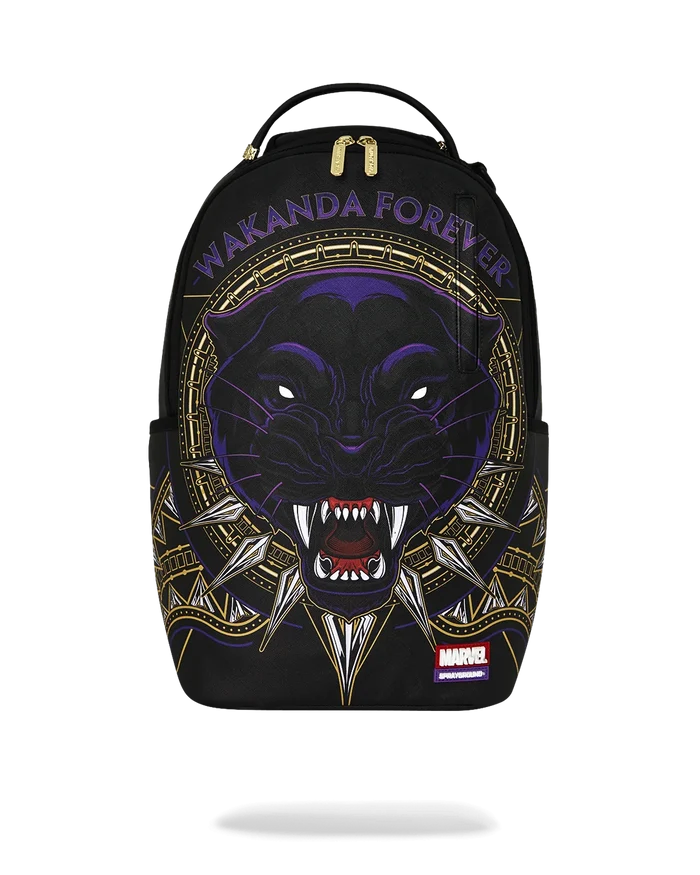 Sprayground Marvel Wakanda Black Panther Shark backpack showcasing a bold Black Panther design and shark graphic.