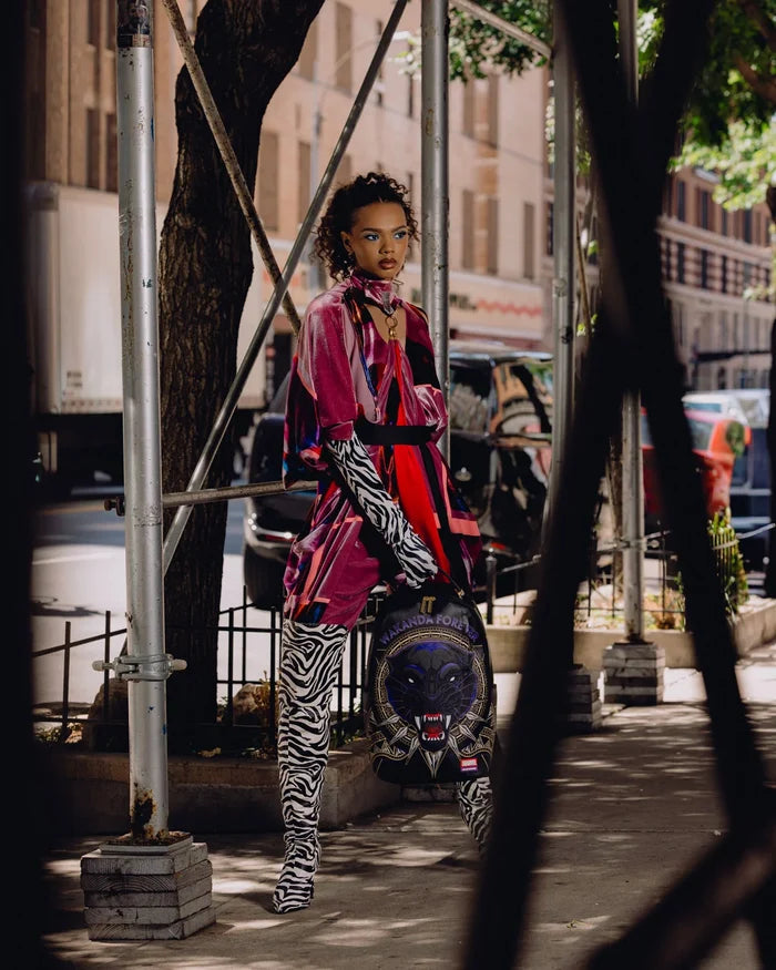 Sprayground Marvel Wakanda Black Panther Shark backpack with bold black and blue design, featuring Black Panther and shark graphics.