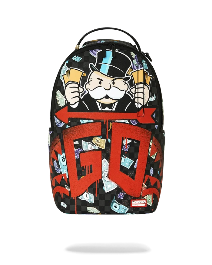 Sprayground Monopoly Time To Go backpack with bold Monopoly-inspired design, featuring multiple zip compartments and adjustable straps.