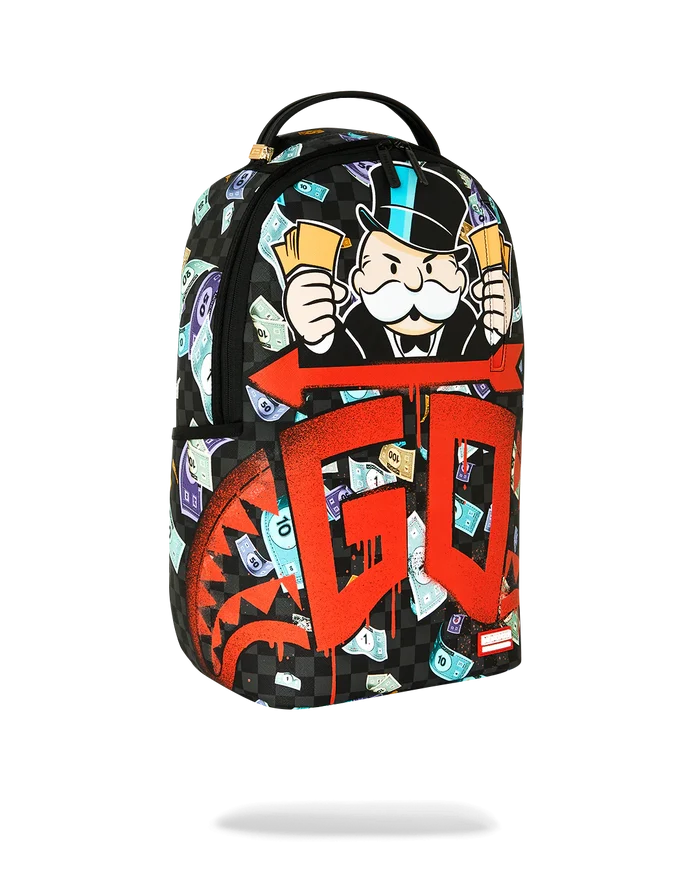 Sprayground Monopoly Time To Go backpack in black with colorful Monopoly-themed design and adjustable shoulder straps.