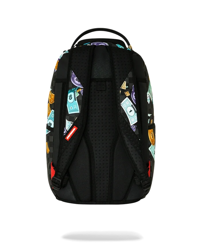 Sprayground Monopoly Time To Go backpack featuring bold design, adjustable straps, and multiple compartments for accessories.