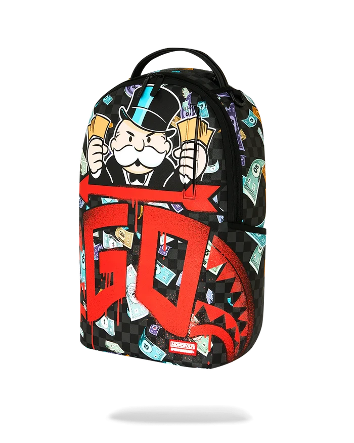 Sprayground Monopoly Time To Go backpack featuring bold graphic design, durable straps, and spacious main compartment.
