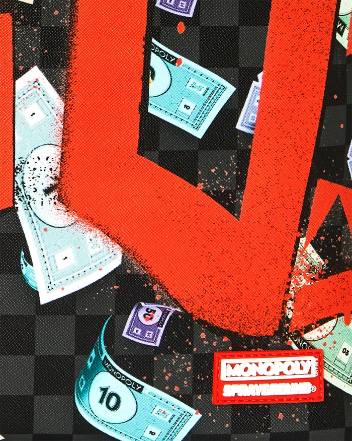 Sprayground Monopoly Time To Go backpack featuring bold graphic design and adjustable straps, accessory for everyday use.