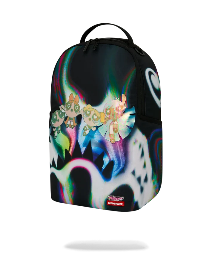 Sprayground Powerpuff Girls Power Flex backpack featuring colorful cartoon design, adjustable straps, and multiple compartments.