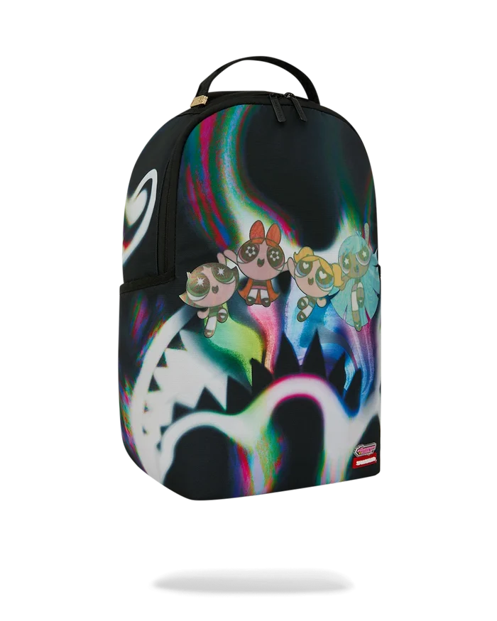 Sprayground Powerpuff Girls Power Flex backpack featuring vibrant character artwork, durable straps, and multiple compartments.