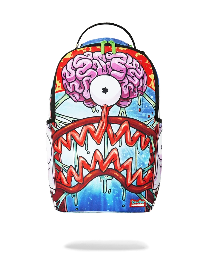 Sprayground Rick and Morty split Rick head guts backpack featuring colorful, detailed cartoon design on durable accessories.