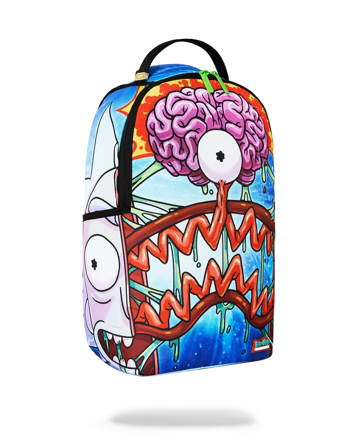 Sprayground Rick and Morty Split Rick Head Guts backpack featuring colorful graphic design and multiple compartments.