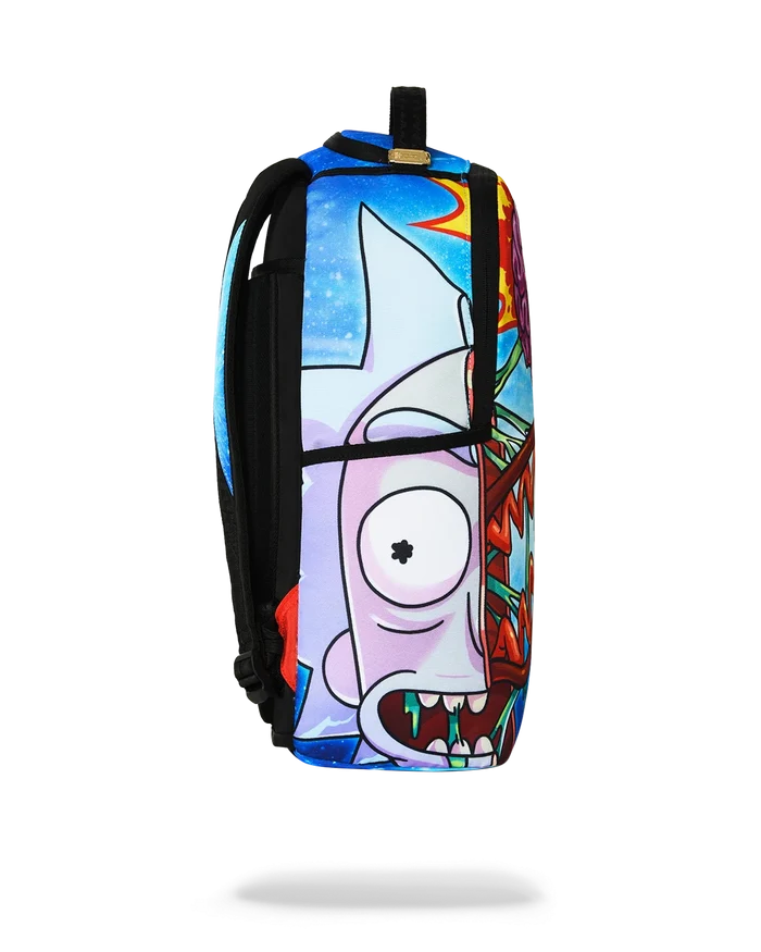 Sprayground Rick and Morty split Rick head guts backpack featuring vibrant cartoon design and bold accessories detail.