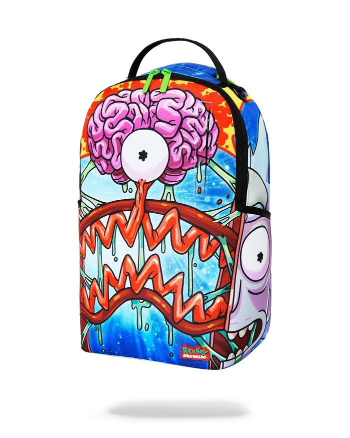 Sprayground Rick and Morty split Rick head guts backpack, colorful accessories with graphic design and adjustable straps.