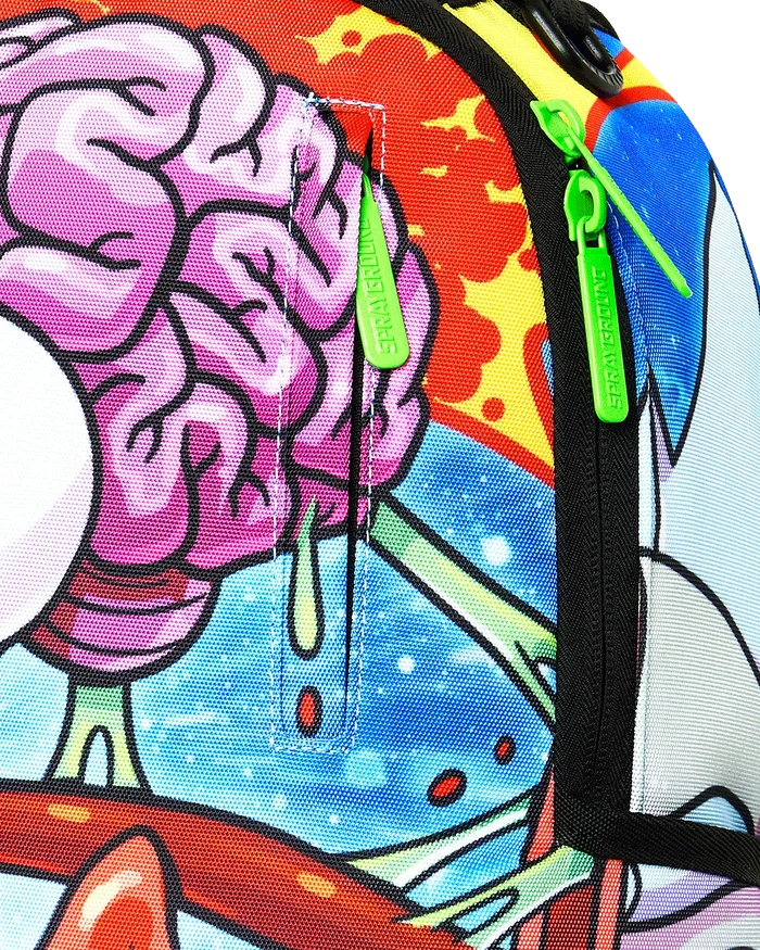Sprayground Rick and Morty Split Rick Head Guts backpack with vibrant graphic design and adjustable straps.
