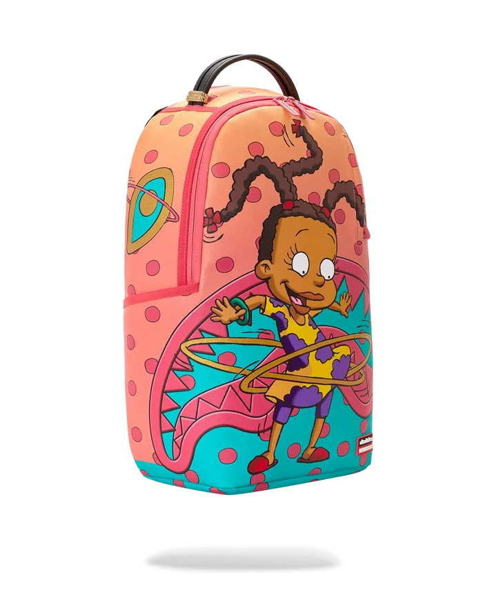 Sprayground Rugrats Susie Hula Hoops backpack with colorful cartoon character design and hula hoop illustrations.