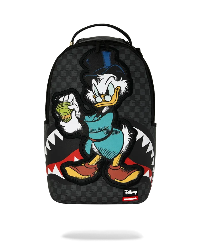 Sprayground Scrooge McDuck money counter backpack with vibrant cartoon design and adjustable straps for casual style.