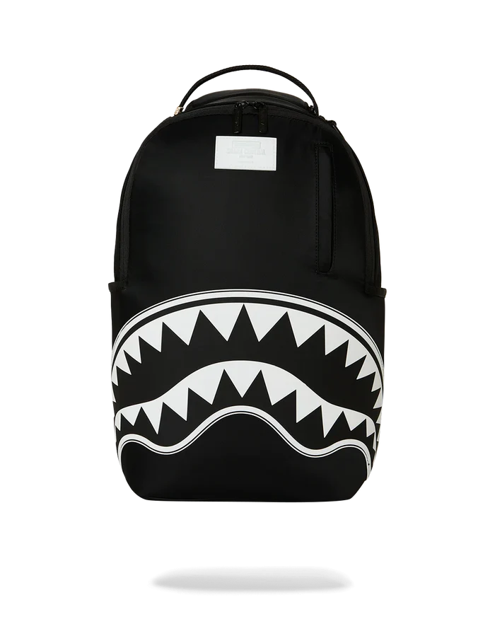 Sprayground Shark Central 2 black and white backpack with shark graphic and adjustable straps, stylish accessory for everyday use