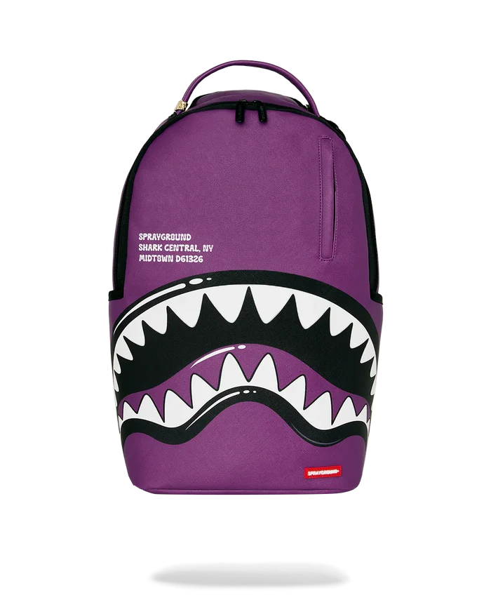 Sprayground Shark Central Bubble Shark Purple backpack with colorful shark design, durable straps, and spacious interior.