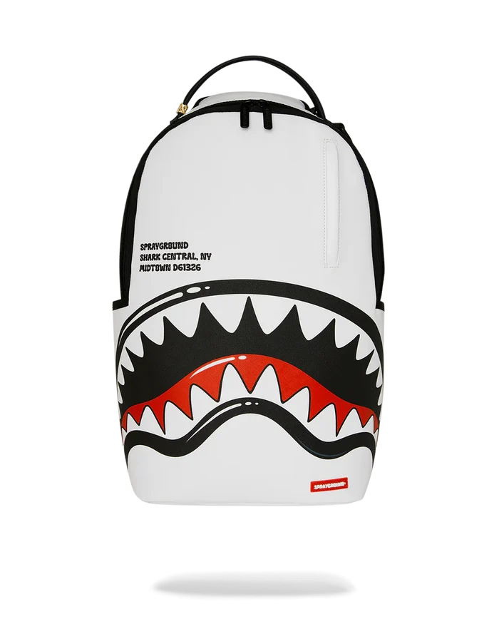 Sprayground Shark Central Bubble Shark white backpack with bold shark graphic, durable straps, and spacious interior for accessories.