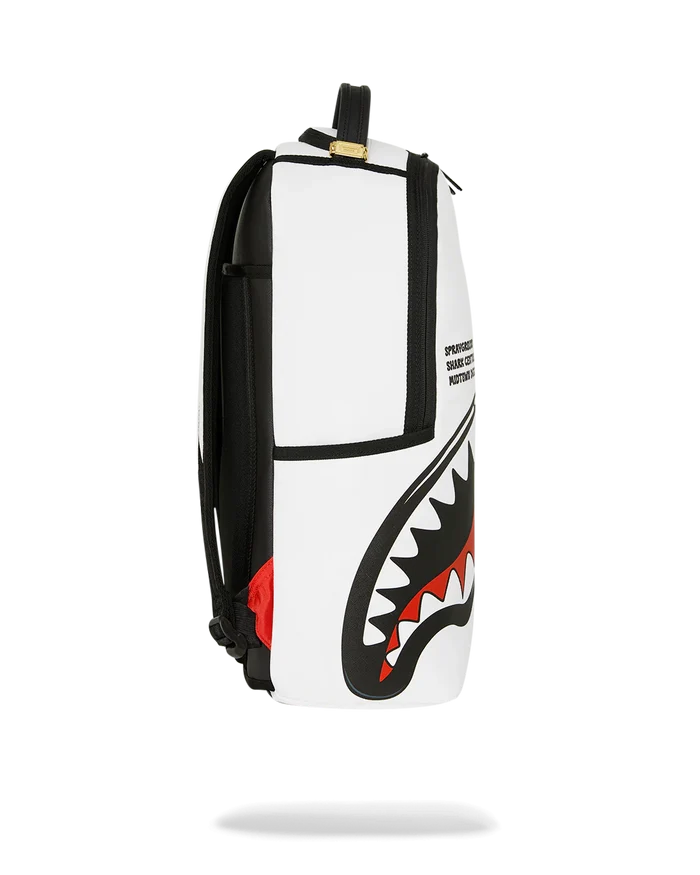 Sprayground Shark Central Bubble Shark white backpack with shark graphic, adjustable straps, and spacious main compartment.