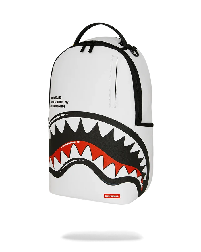 Sprayground Shark Central Bubble Shark White backpack with white shark graphic and adjustable straps, accessory for everyday use.