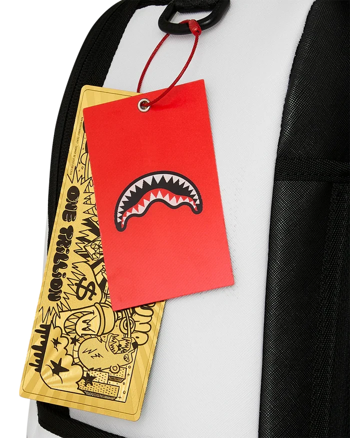 Sprayground Shark Central Bubble Shark White backpack with white and blue shark graphic, durable accessories design, front zipper pocket.