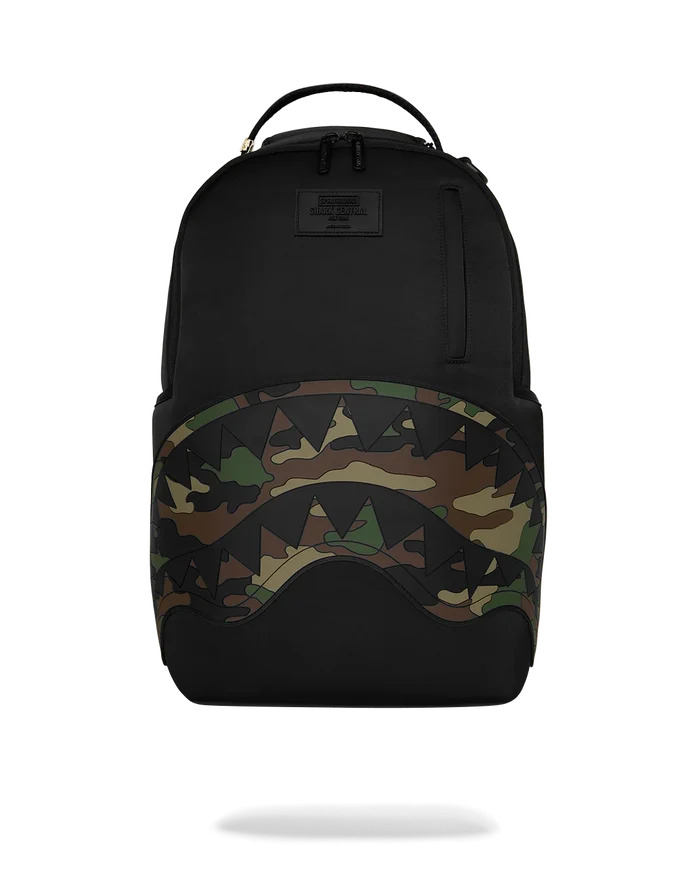 Sprayground Shark Central Ghost Mode backpack with shark graphic, black and gray design, casual accessory for everyday use.