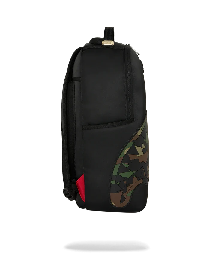 Sprayground Shark Central Ghost Mode backpack featuring a shark graphic, black and white design, and adjustable straps.