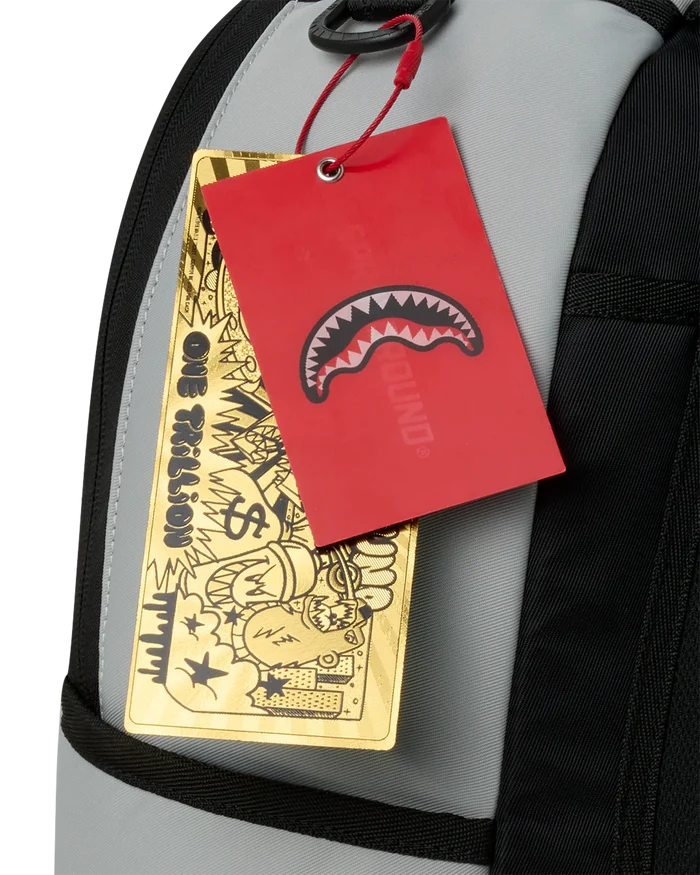 Sprayground Shark Central Passport 2.0 Haze backpack with shark graphic design and multiple compartments for accessories.