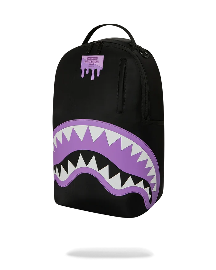 Sprayground Shark Central Passport backpack featuring a shark design, adjustable straps, and multiple compartments for accessories.