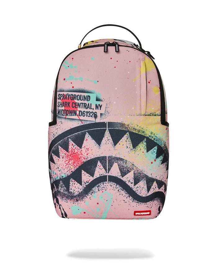 Sprayground Shark Central Stencil Lab backpack with bold shark graphic and modern design, accessories for stylish everyday use.