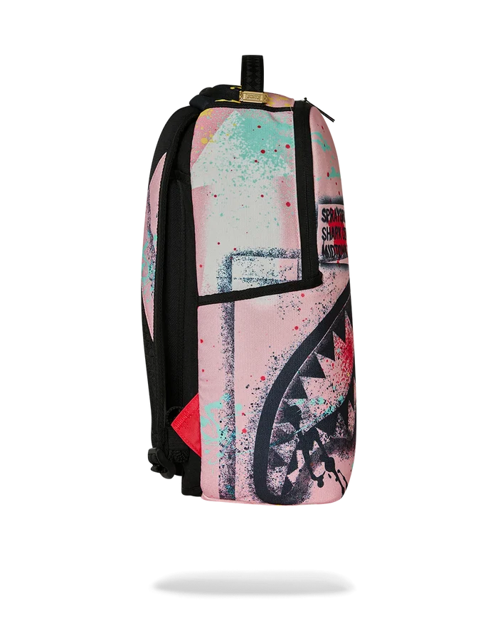 Sprayground Shark Central Stencil Lab backpack featuring a shark graphic, adjustable straps, and durable fabric for accessories.