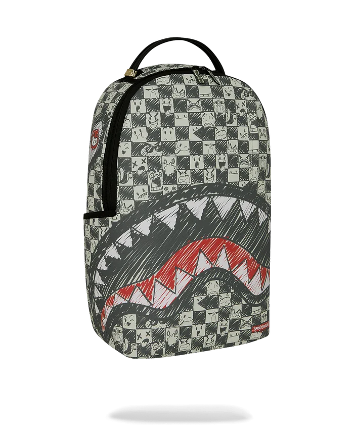 Sprayground Sharks in Paris Outlaws backpack featuring colorful shark and street art design, durable accessories for everyday use.