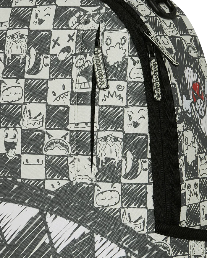 Sprayground Sharks in Paris Outlaws backpack showing colorful shark and Paris-themed design on durable accessory bag.