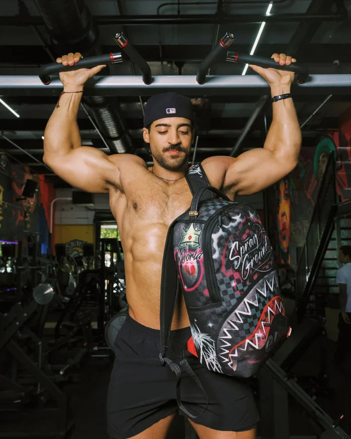 Sprayground 'Spray Session' backpack in black with colorful graphic design, featuring multiple compartments and adjustable straps.