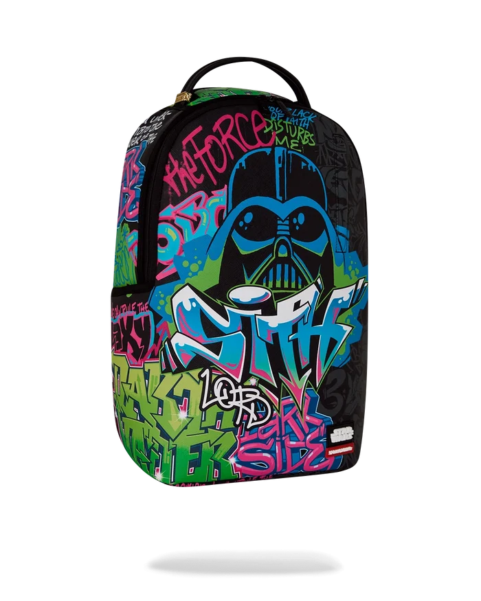 Sprayground Star Wars Vader Graff Stack backpack with bold graffiti-style Darth Vader design and adjustable straps.