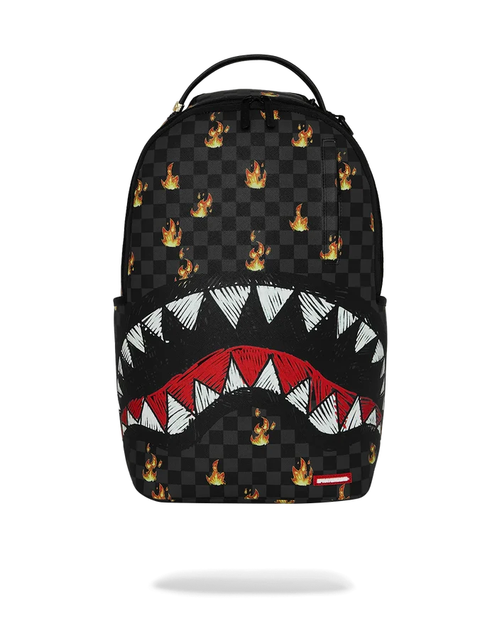 Sprayground Super Hot Fire Sharks in Paris backpack featuring vibrant shark and cityscape design, accessory bag with bold colors.