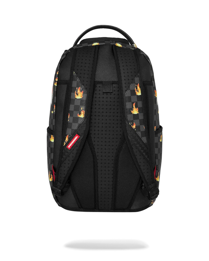 Sprayground Super Hot Fire Sharks In Paris backpack featuring vibrant shark and Paris skyline design, accessory for everyday use.