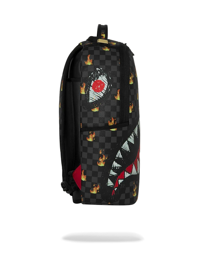 Sprayground Super Hot Fire Sharks In Paris backpack featuring colorful shark and Paris cityscape design, accessory bag with vibrant artwork.