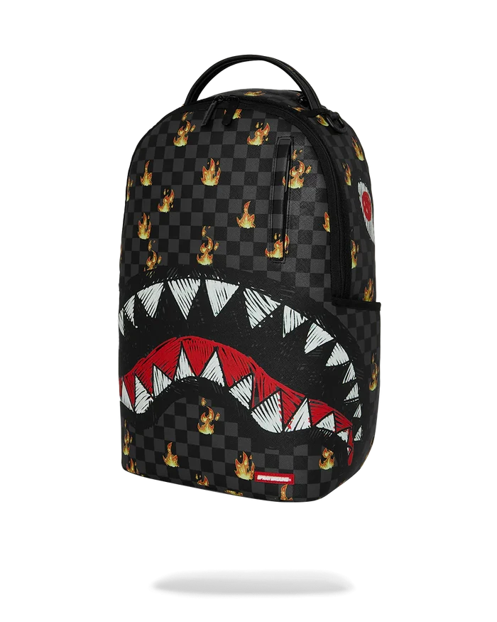 Sprayground 'Super Hot Fire Sharks In Paris' backpack featuring vibrant shark and Paris cityscape design, accessories style.
