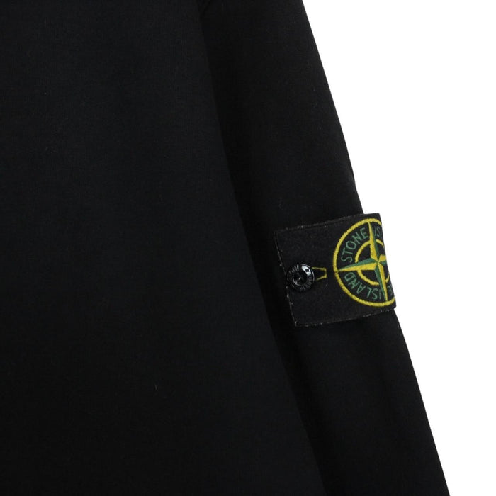 Stone Island black full zip hoodie with logo patch and cotton material.