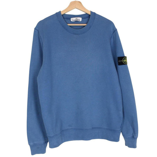 Stone Island blue cotton sweatshirt with embroidered logo and slight wear marks.