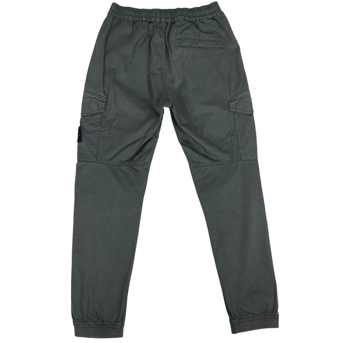 Stone Island grey cargo trousers with logo patch and pockets, visible discolouration.