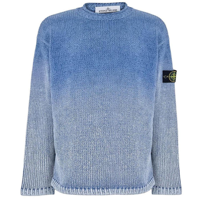 Stone Island blue jumper with degrade knit pattern and logo badge on sleeve.